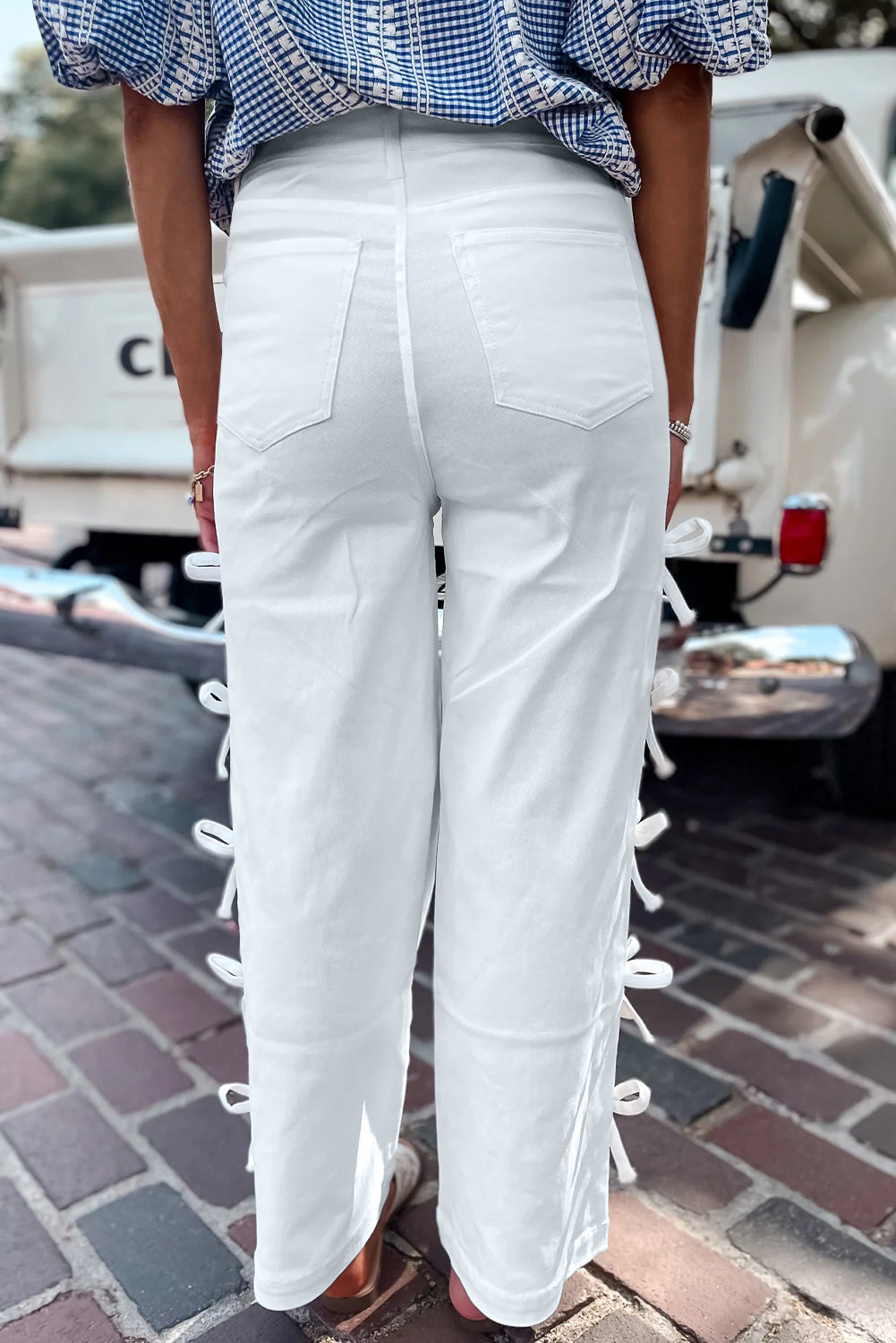 Stacey B's White Bow Knot Side Detail Straight Leg Loose Jeans
