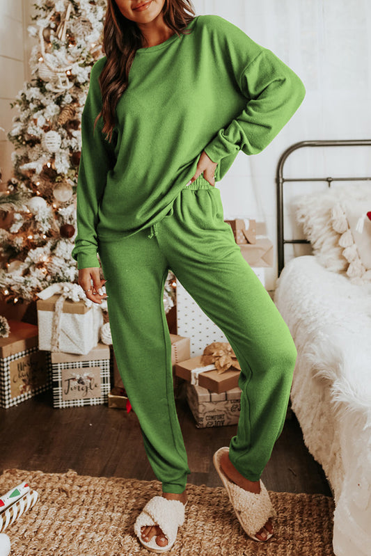 Stacey B's Spinach Green Long Sleeve Pullover and Jogger Pants Lounge Set