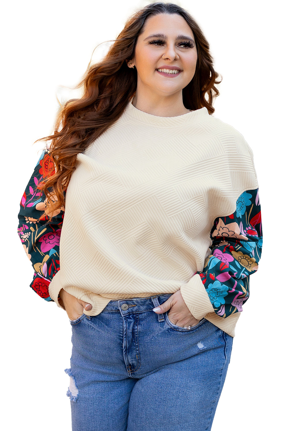 Stacey B's White Floral Patchwork Sleeve Textured Plus Size Pullover Top