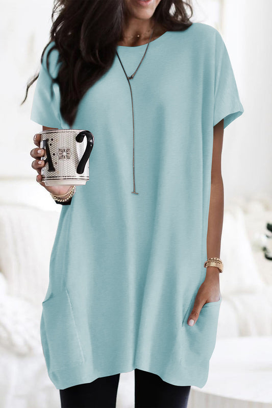 Stacey B's Light Blue Plain Loose Pocket Casual Tunic Long T-Shirt