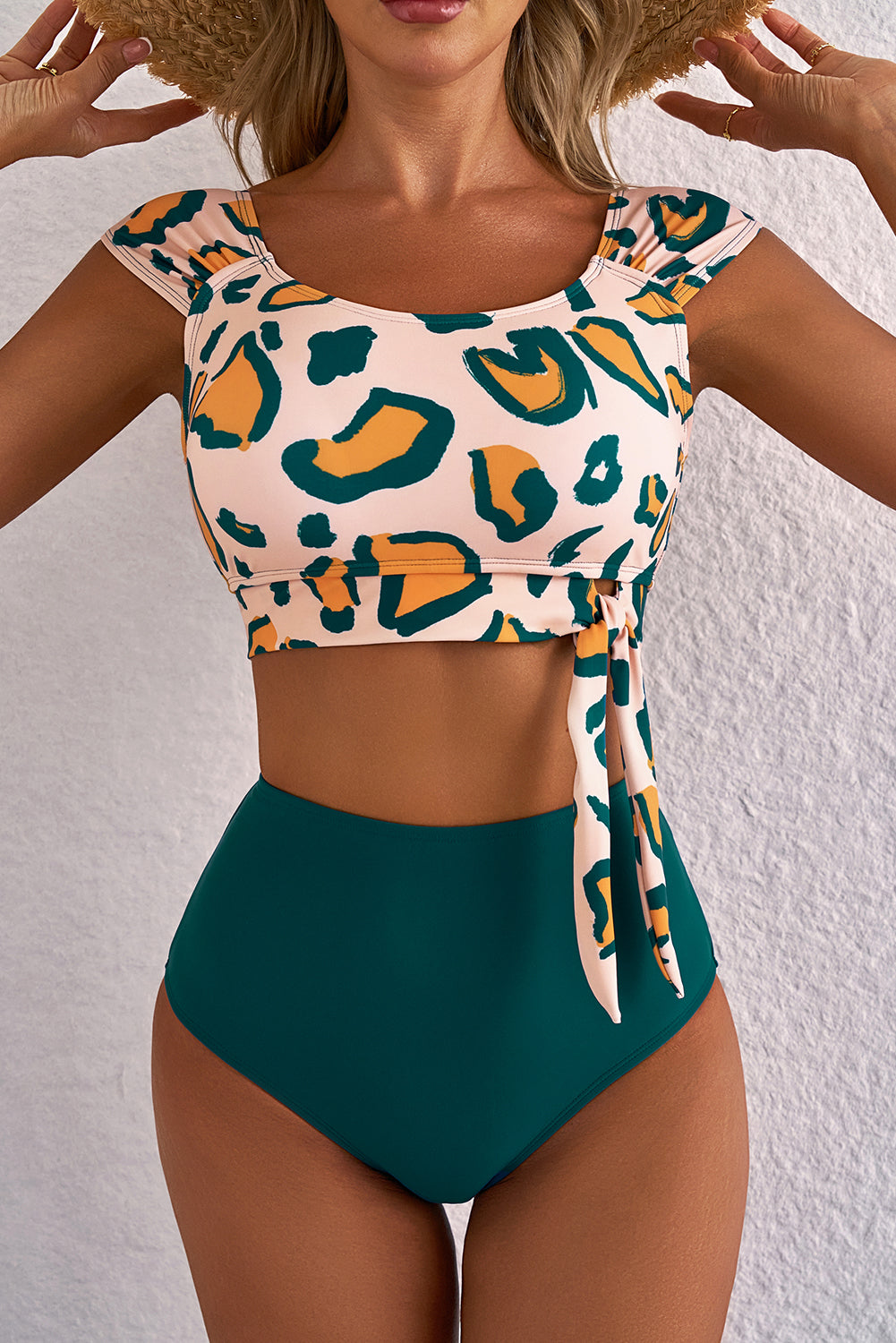 Stacey B's Green Leopard Print U Neck Knotted High Waist Bikini Set