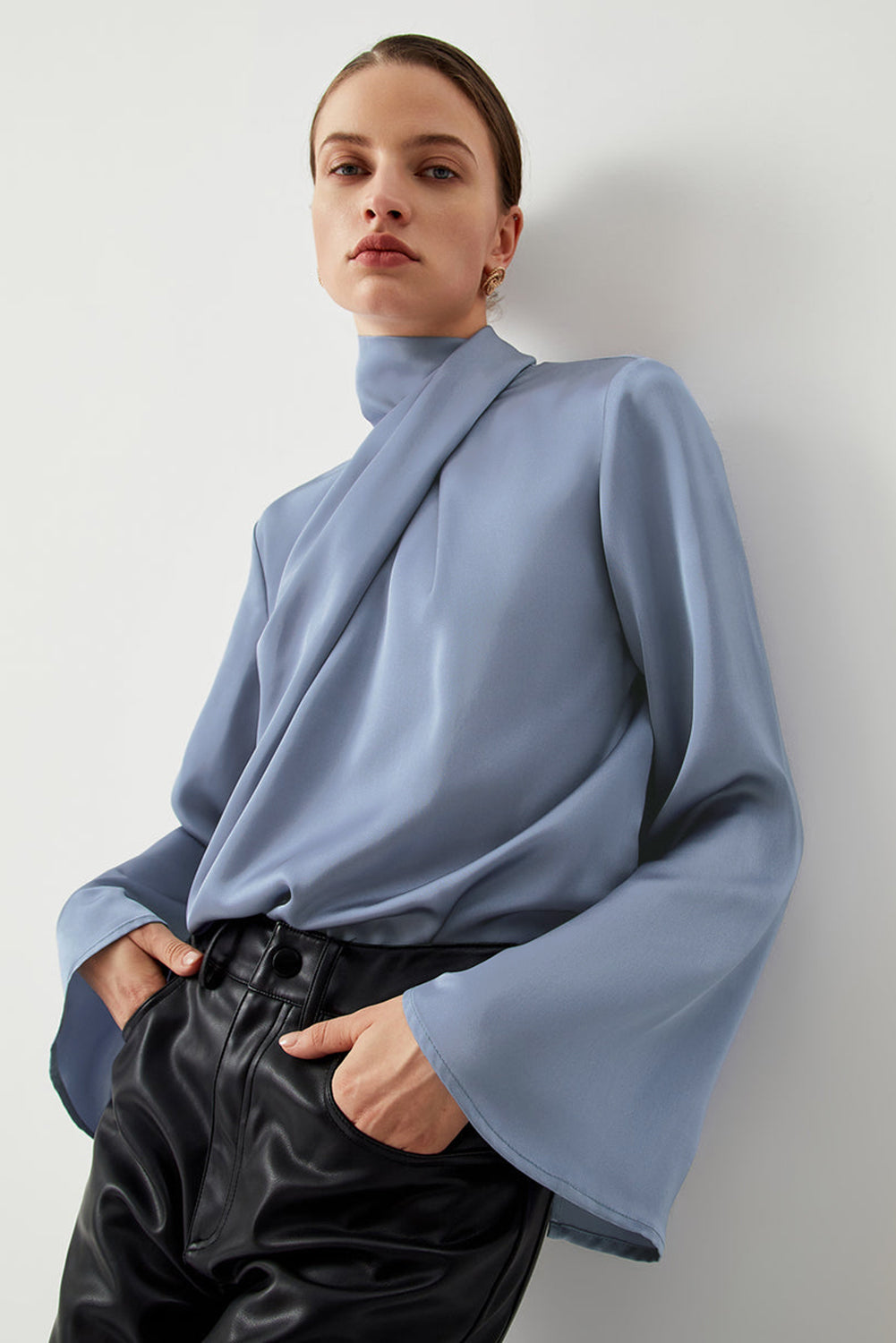 Stacey B's Ivy Asymmetric Turtleneck Elegant Satin Blouse