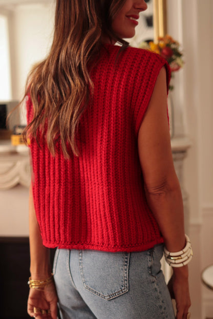 Stacey B's Fiery Red Solid Textured Knit Side Pockets Buttoned Sweater Vest
