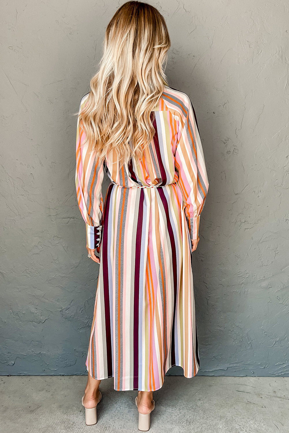 Stacey B's White Multicolor Striped Cuffed Sleeve Tassel Tied Shirt Maxi Dress