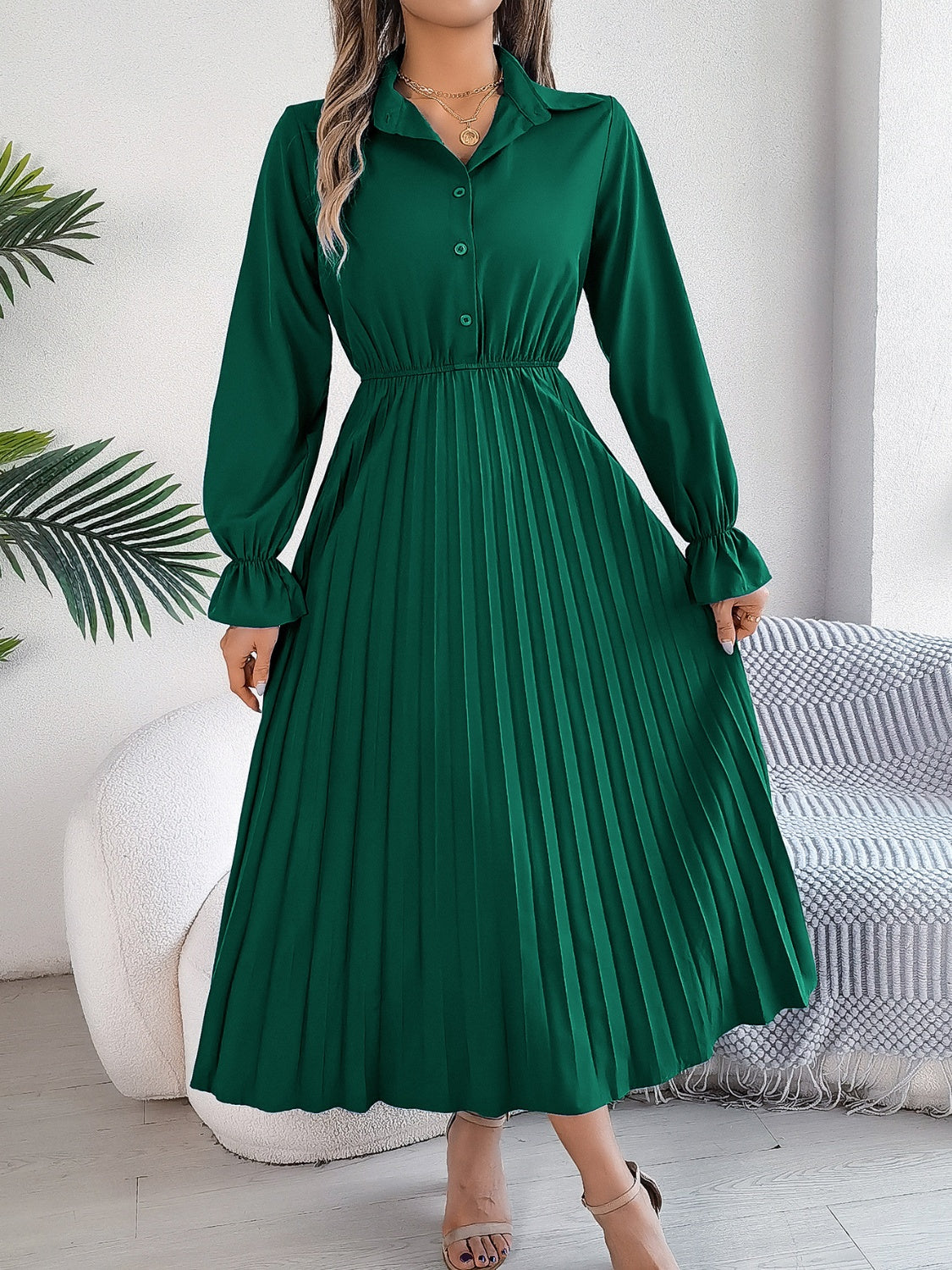 Stacey B's Pleated Half Button Long Sleeve Midi Dress