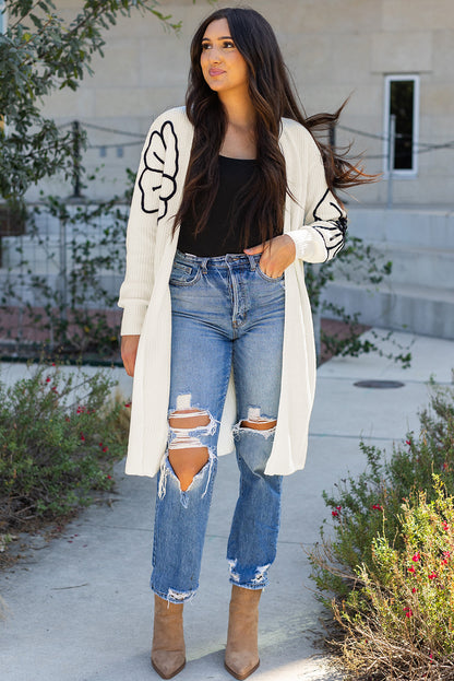 Stacey B's Beige Flower Embroidered Drop Shoulder Open Front Duster Cardigan