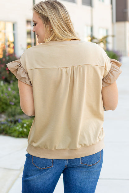 Stacey B's  Parchment Ruffled Short Sleeve Bowknot Applique Crew Neck Plus Size Top