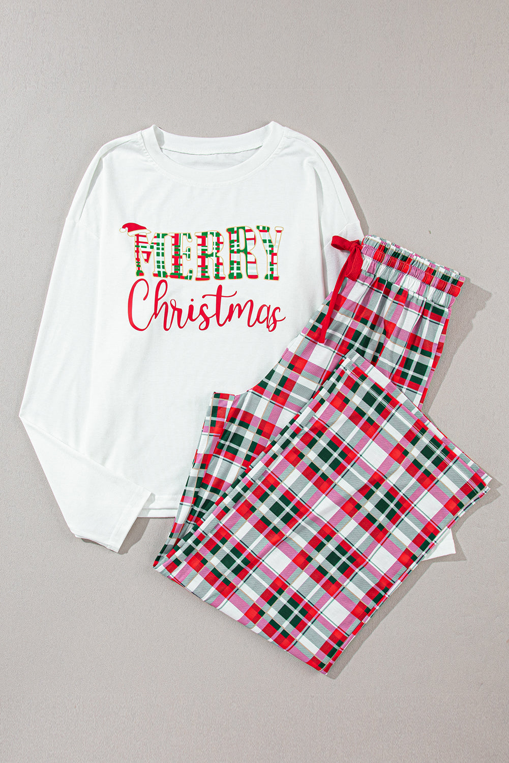 Stacey B's MERRY CHRISTMAS Round Neck Top and Plaid Pants Set