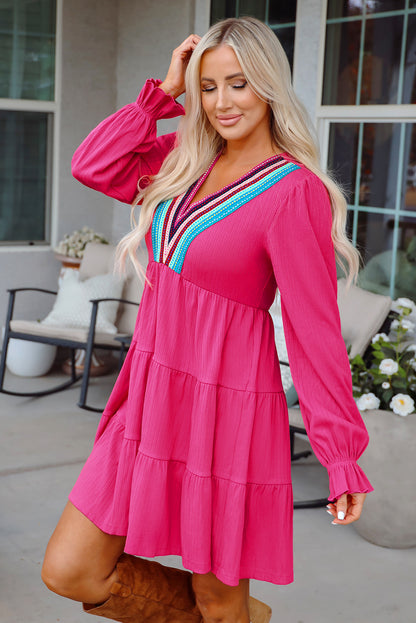 Stacey B's Rose Red Colorful Crochet V Neck Textured Tiered Ruffled Long Sleeve Mini Dress