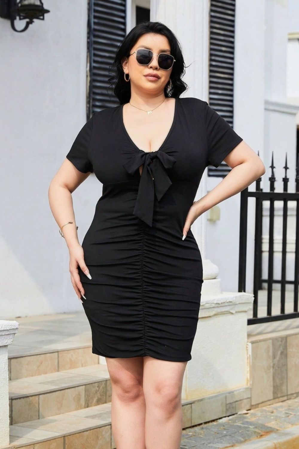 Stacey B's Plus Size Ruched Tied Short Sleeve Mini Dress