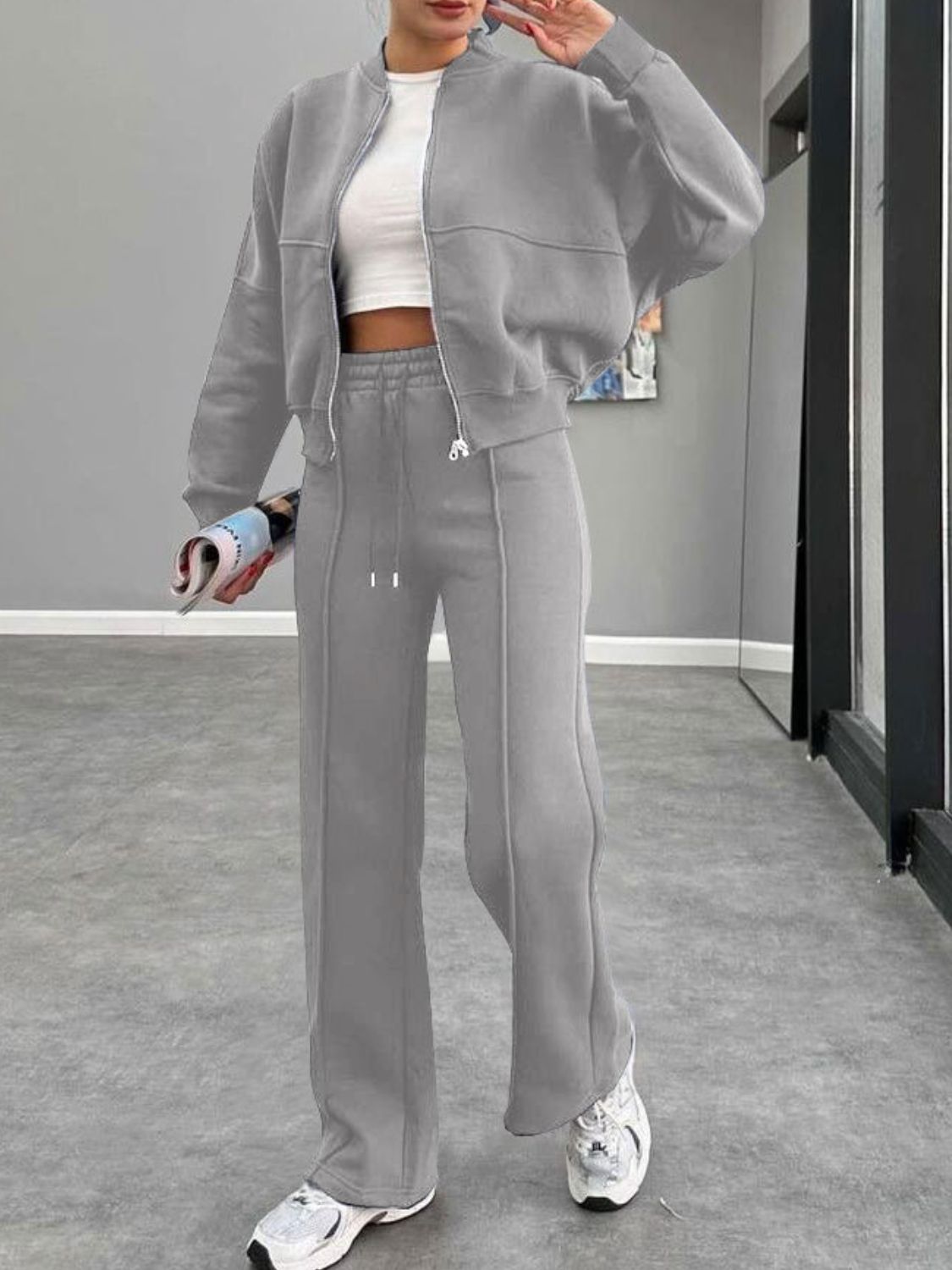 Stacey B's Baseball Collar Zip Up Outerwear and Drawstring Pants Set