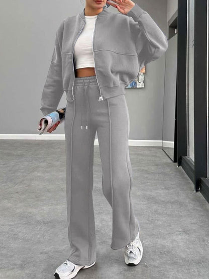 Stacey B's Baseball Collar Zip Up Outerwear and Drawstring Pants Set