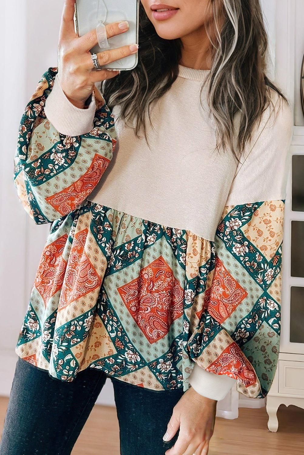 Stacey B's Jet Stream Paisley Geometric Patchwork Loose Fit Blouse