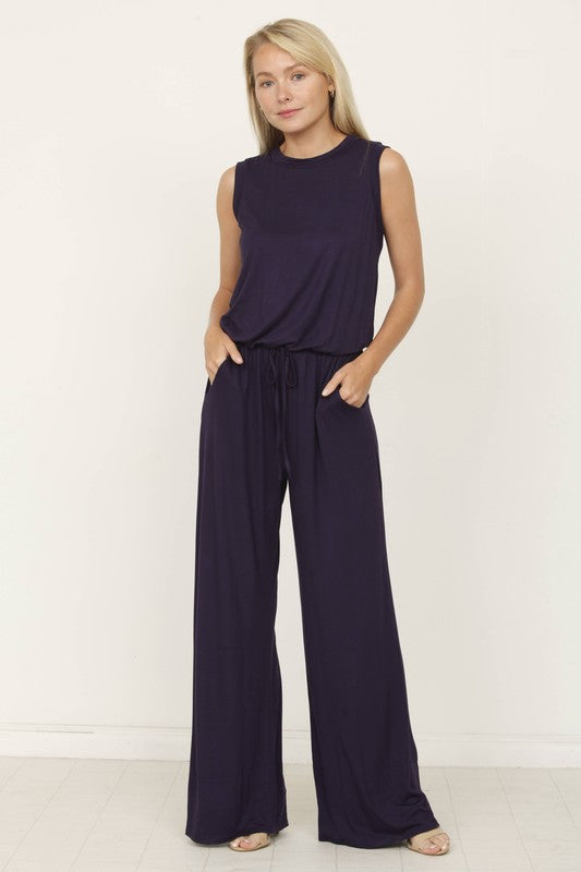 Stacey B's plus solid draw string pocket jumpsuit