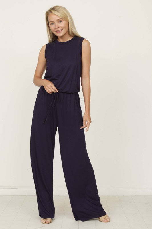 Stacey B's plus solid draw string pocket jumpsuit