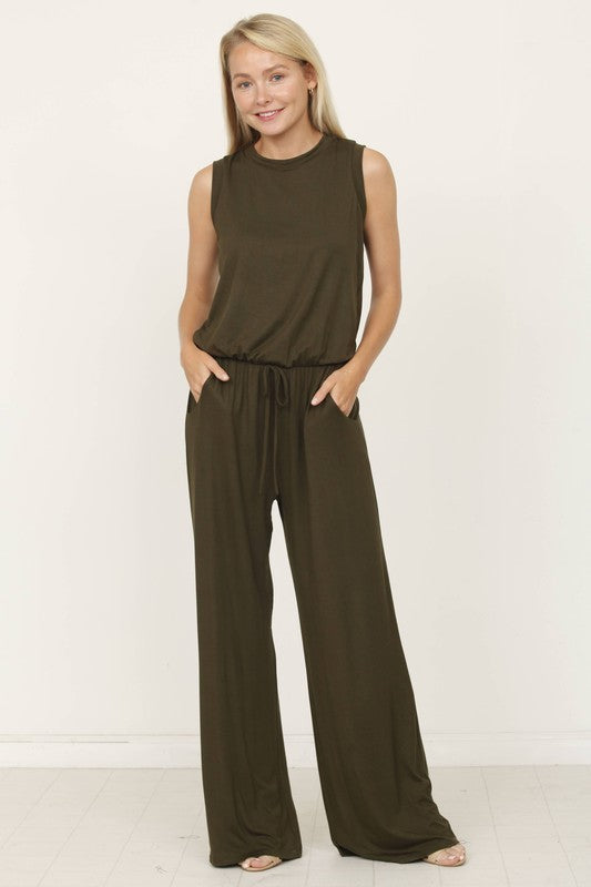 Stacey B's plus solid draw string pocket jumpsuit