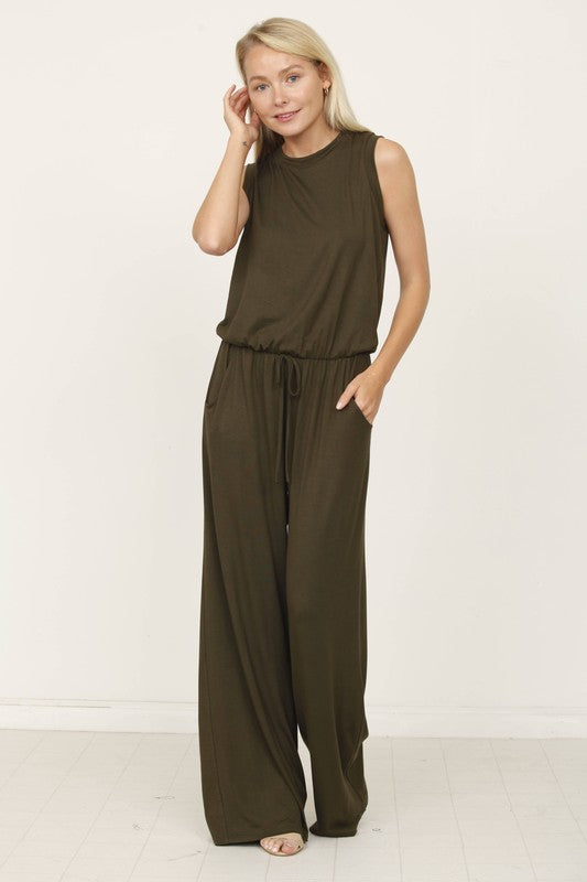 Stacey B's plus solid draw string pocket jumpsuit