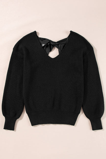 Stacey B's Black Lantern Sleeve V Neck Knot Back Sweater