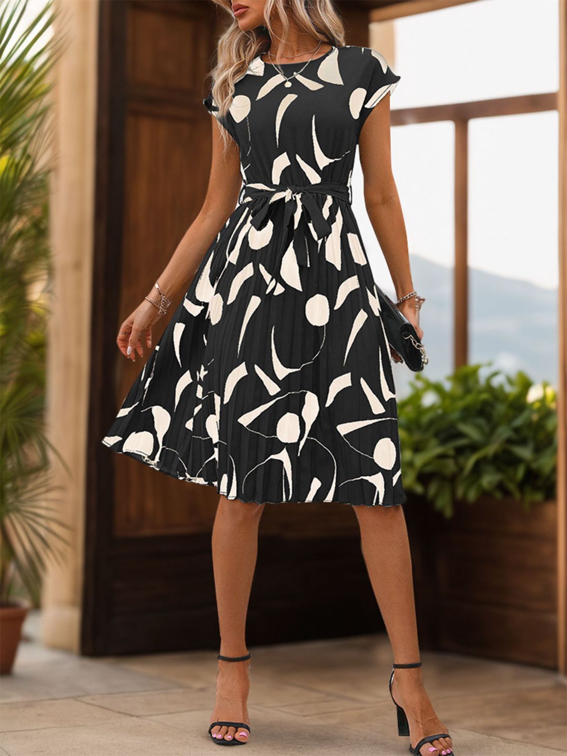 Stacey B's Tied Pleated Printed Cap Sleeve Dress