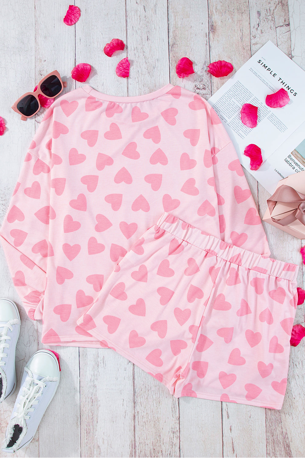 Stacey B's Heart Print Long Sleeve Top and Shorts Lounge Set