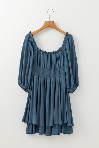Stacey B's Real Teal Frilled Neckline 3/4 Sleeve Layered Ruched Mini Dress