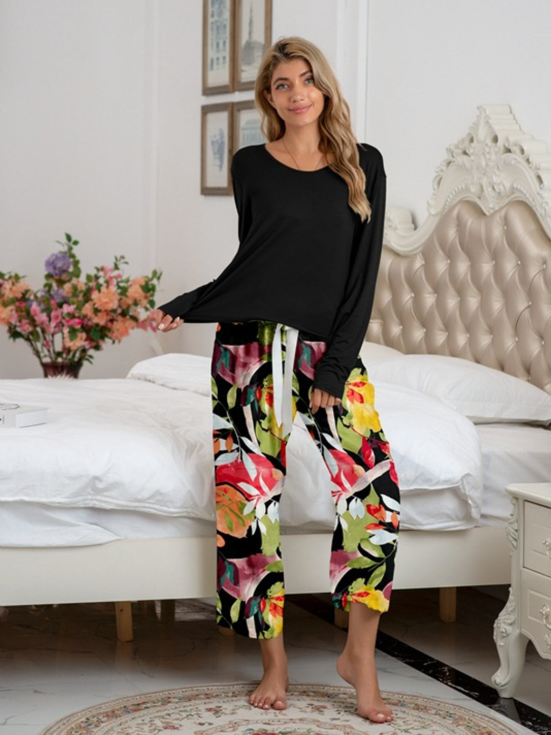 Stacey B's Round Neck Top and Printed Pants Lounge Set