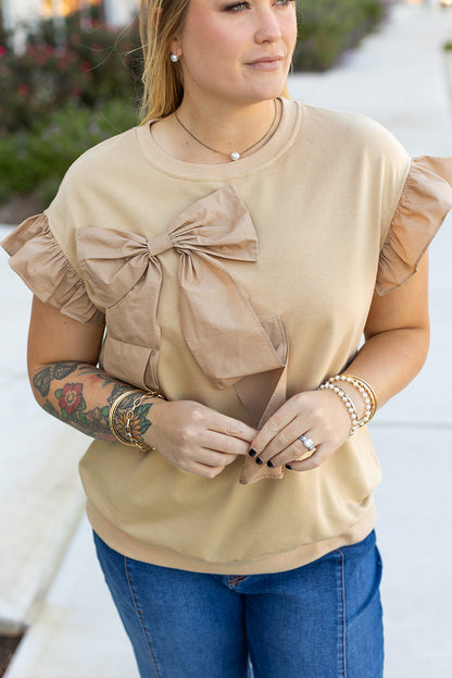 Stacey B's  Parchment Ruffled Short Sleeve Bowknot Applique Crew Neck Plus Size Top