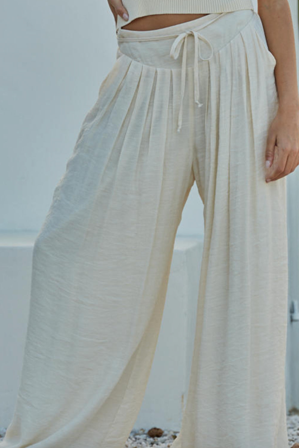 Stacey B's White Casual Tie Waist Pleated Wide Leg Pants