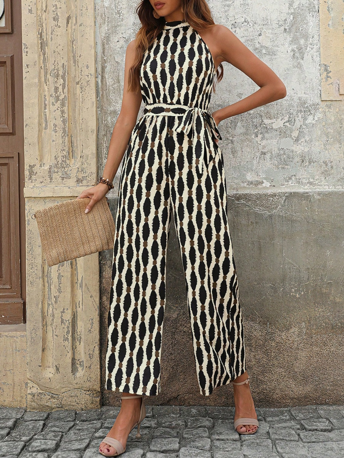 Stacey B's Tied Printed Grecian Neck Jumpsuit