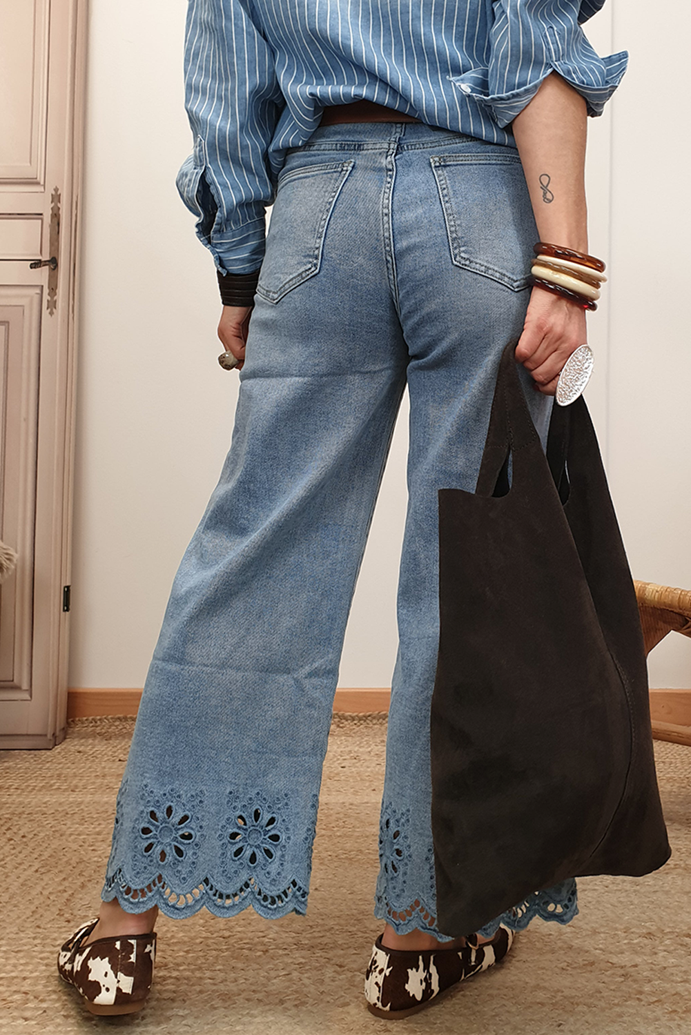 Stacey B's Dusk Blue Embroidered Cropped Wide Leg High Waist Jeans
