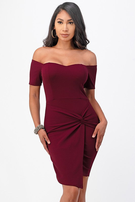 Stacey B's off the shoulder front twist bodycon dress