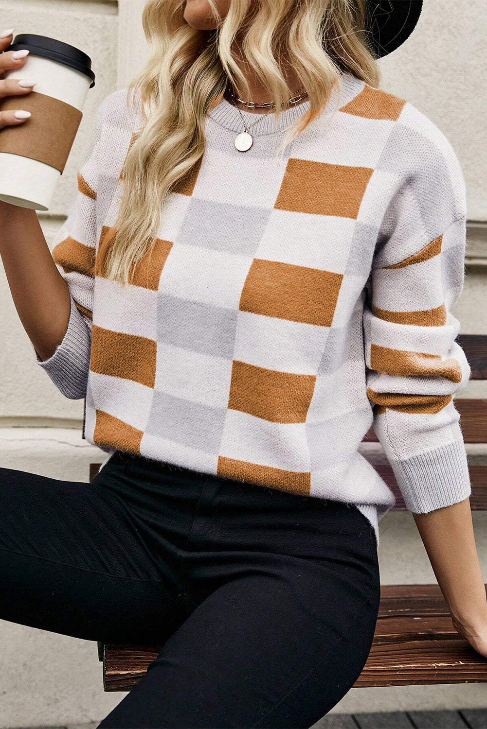Stacey B's Khaki Checkered Ribbed Edge O Neck Drop Shoulder Sweater