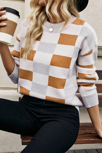 Stacey B's Khaki Checkered Ribbed Edge O Neck Drop Shoulder Sweater