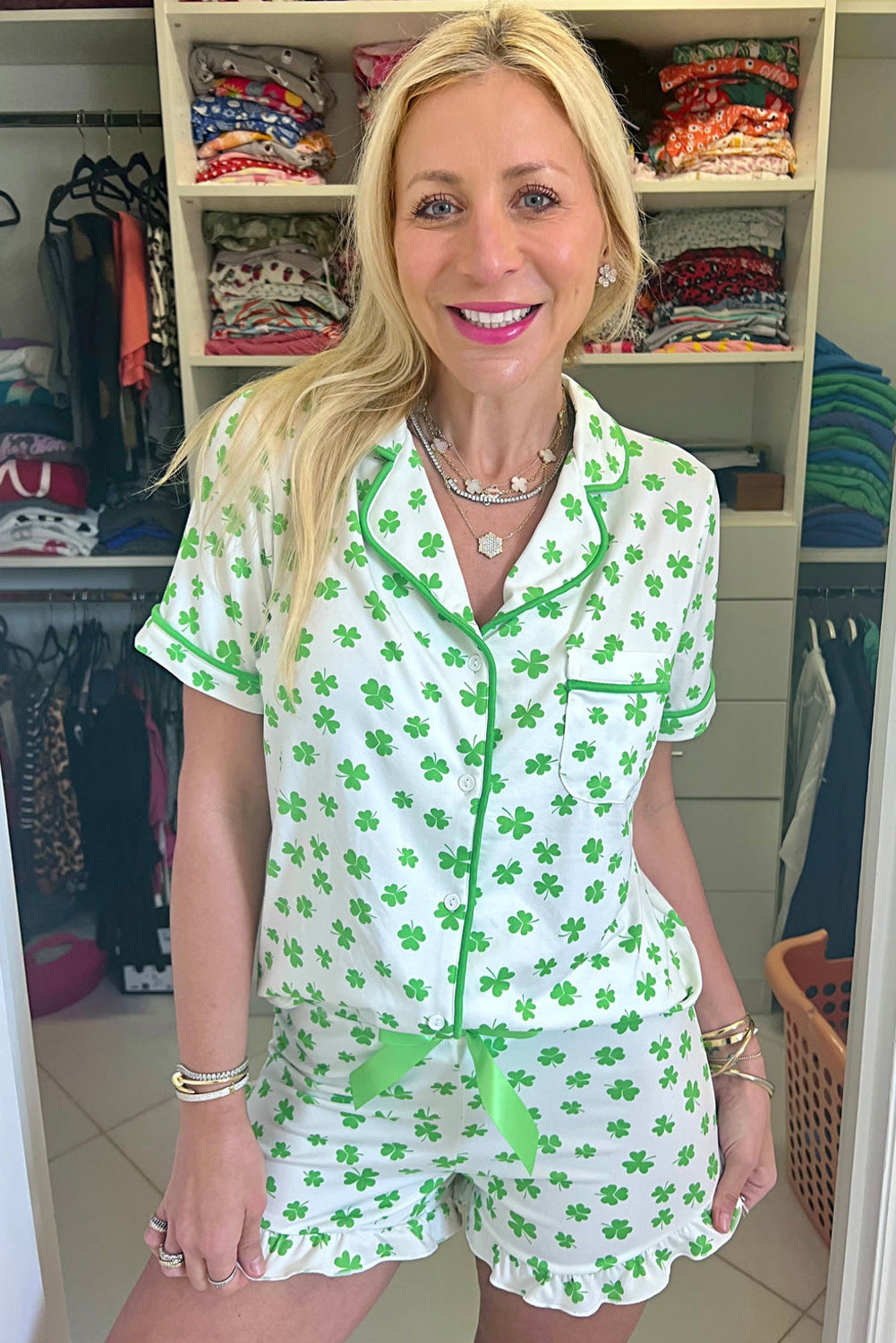 Stacey B's Green Clover Printed Short Sleeve and Ruffled Shorts Pajama Set