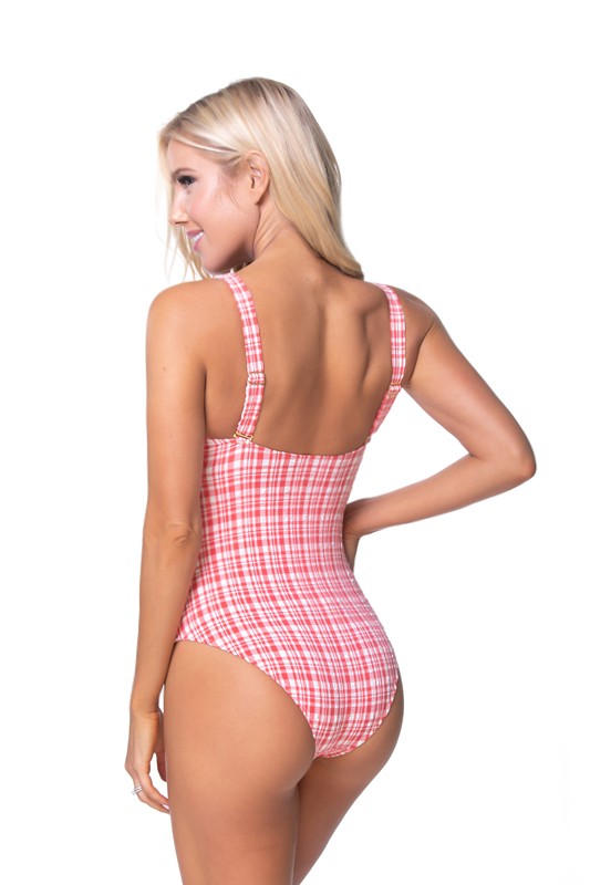 Stacey B's Teextured Plaid Cutout One piece Swimsuit