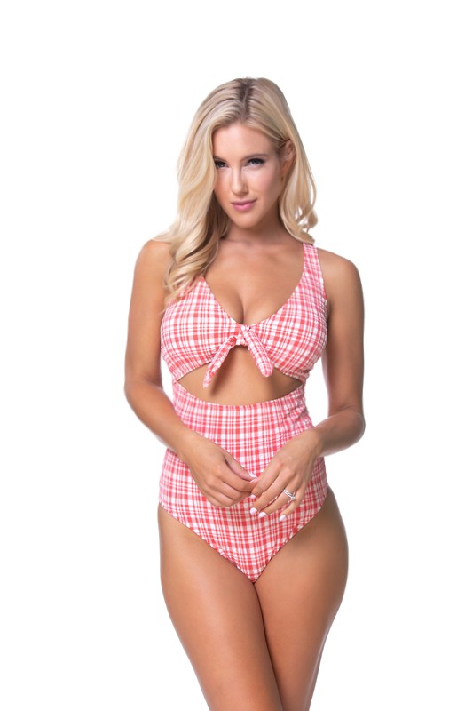 Stacey B's Teextured Plaid Cutout One piece Swimsuit