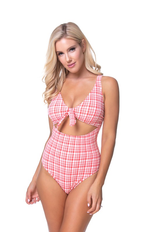 Stacey B's Teextured Plaid Cutout One piece Swimsuit