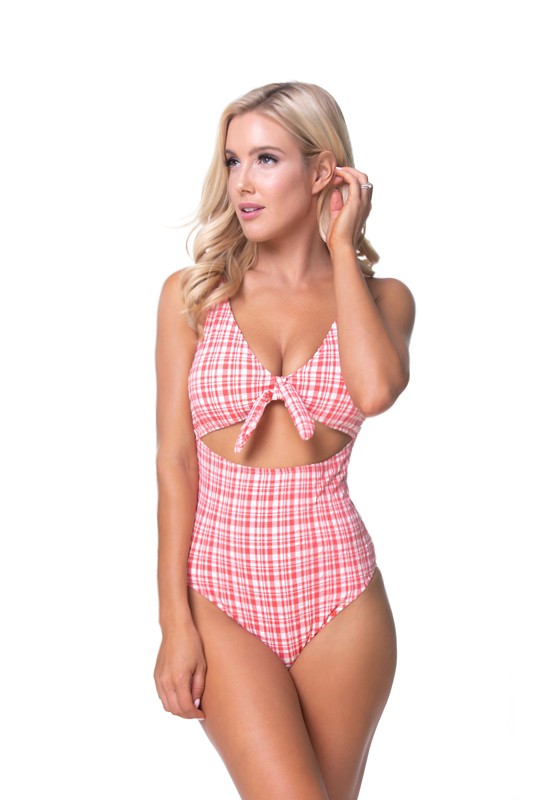 Stacey B's Teextured Plaid Cutout One piece Swimsuit