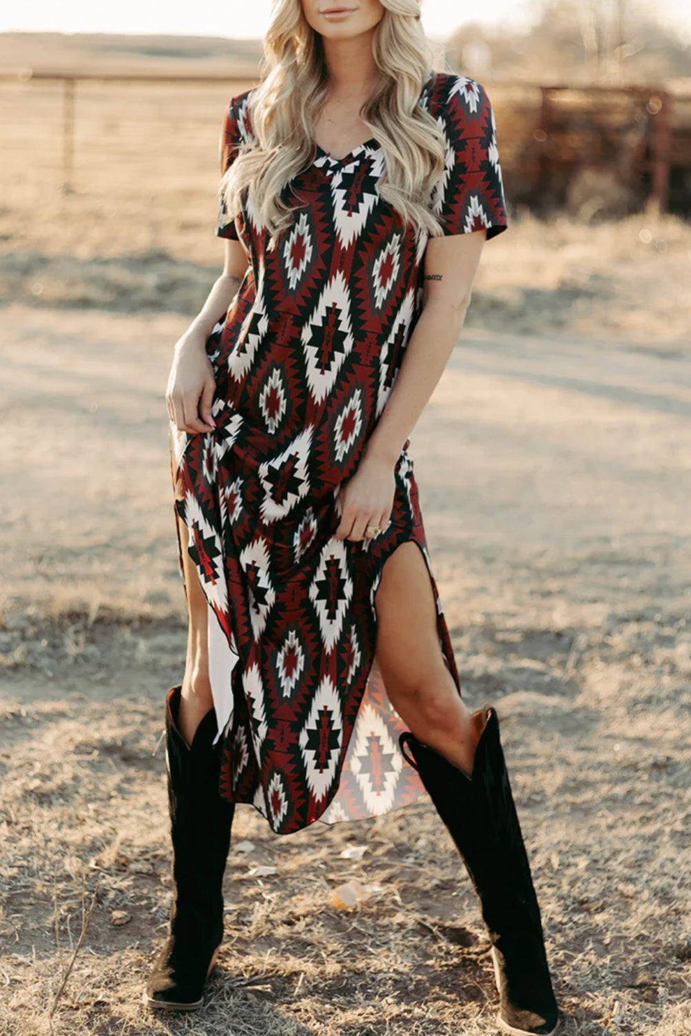 Stacey B's Red Western Aztec Printed Long T-shirt Dress