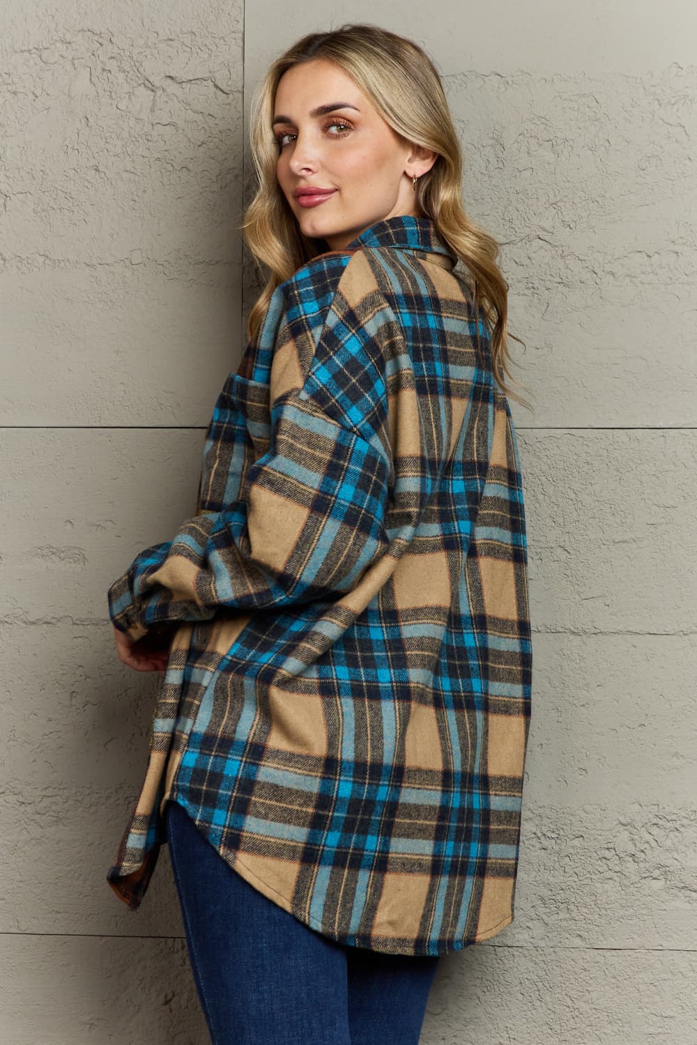 Stacey B's Plaid Curved Hem Shirt Jacket with Breast Pockets