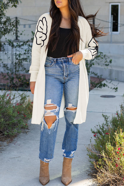 Stacey B's Beige Flower Embroidered Drop Shoulder Open Front Duster Cardigan