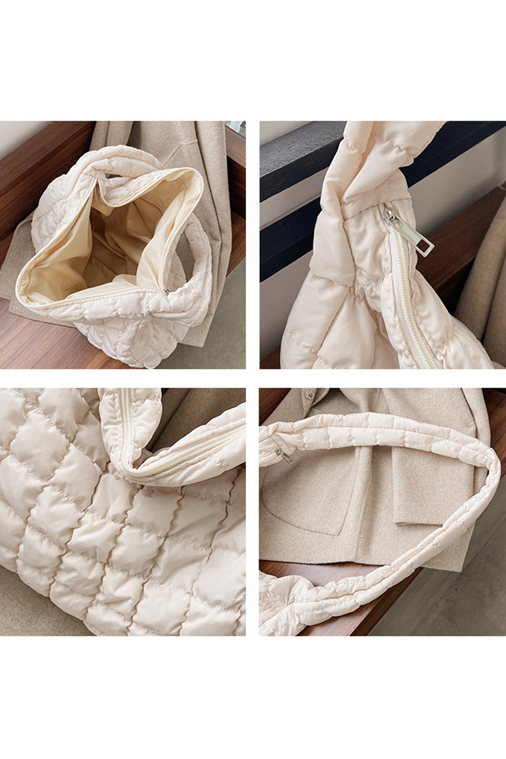 Stacey B's French Beige Quilted Zipper Large Shoulder Bag