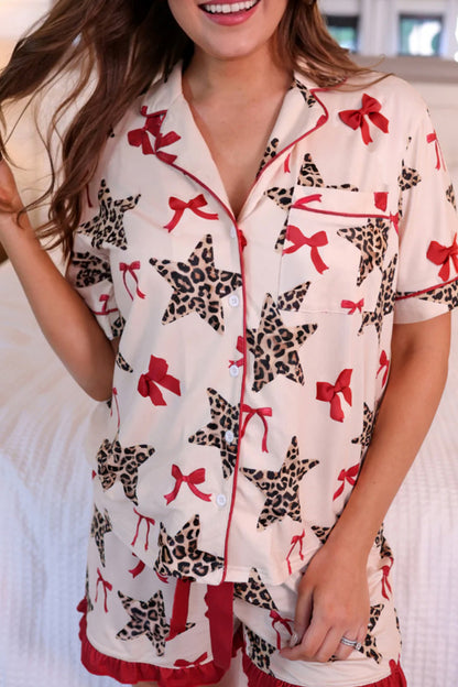 Stacey B's White Leopard Star Ribbon Bow Print Contrast Trim Short Pajama Set