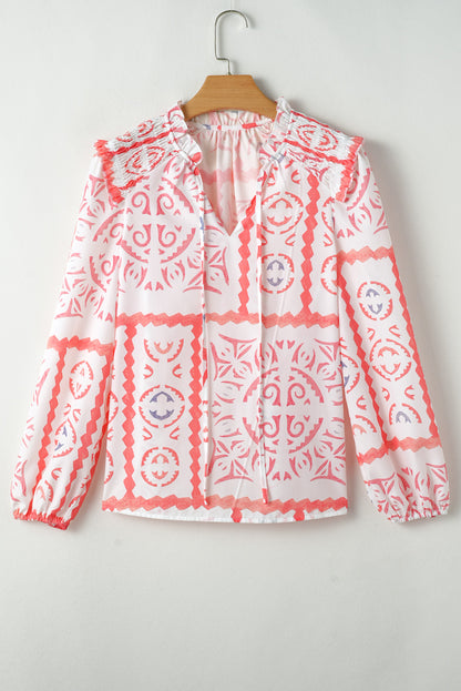 Stacey B's Desert Flower Vintage Print Smocked Poet Collar Billowy Blouson Sleeves Blouse