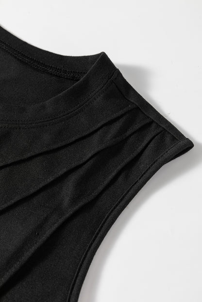 Stacey B's Black Solid Color Crew Neck Pleated Sleeveless Top