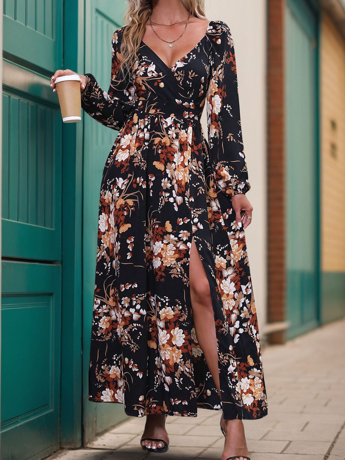 Stacey B's Slit Printed Surplice Long Sleeve Maxi Dress