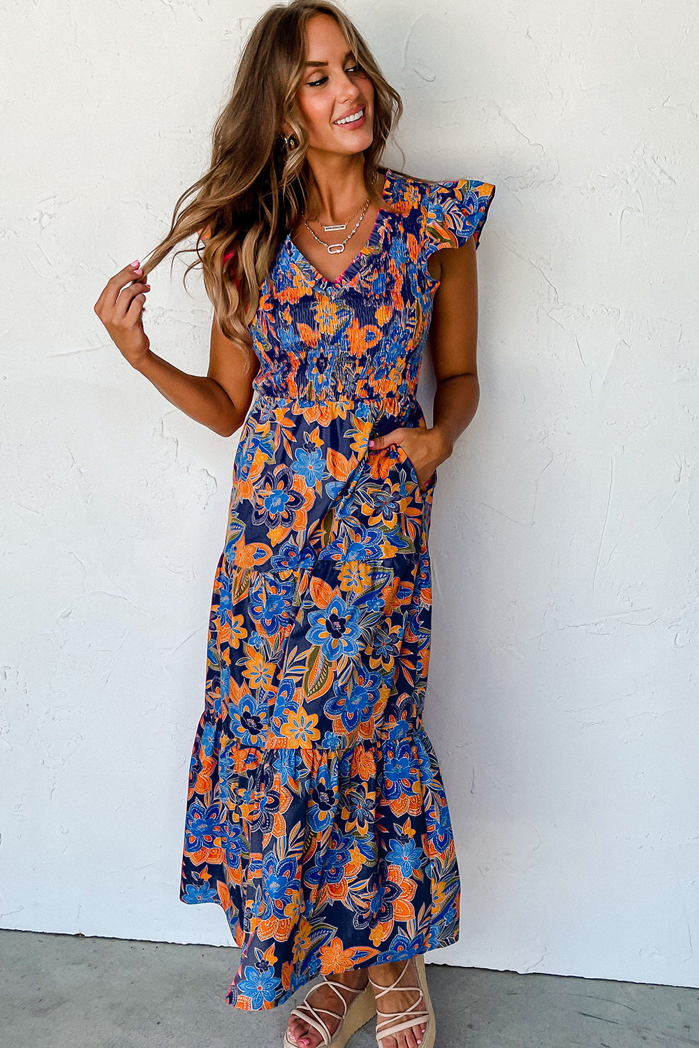 Stacey B's Dark Blue Boho Floral V Neck Ruffle Tiered Long Dress