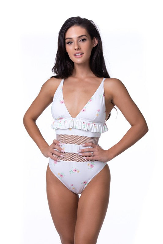 Stacey B's Beige floral Ruffle Trim Mesh One Piece Swim