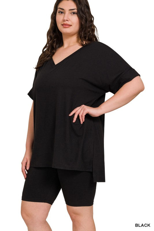 Stacey B's  Plus Brushed DTY Microfiber V-Neck Top & Biker