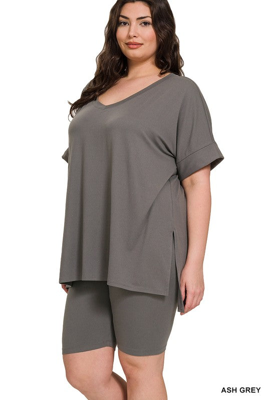 Stacey B's  Plus Brushed DTY Microfiber V-Neck Top & Biker